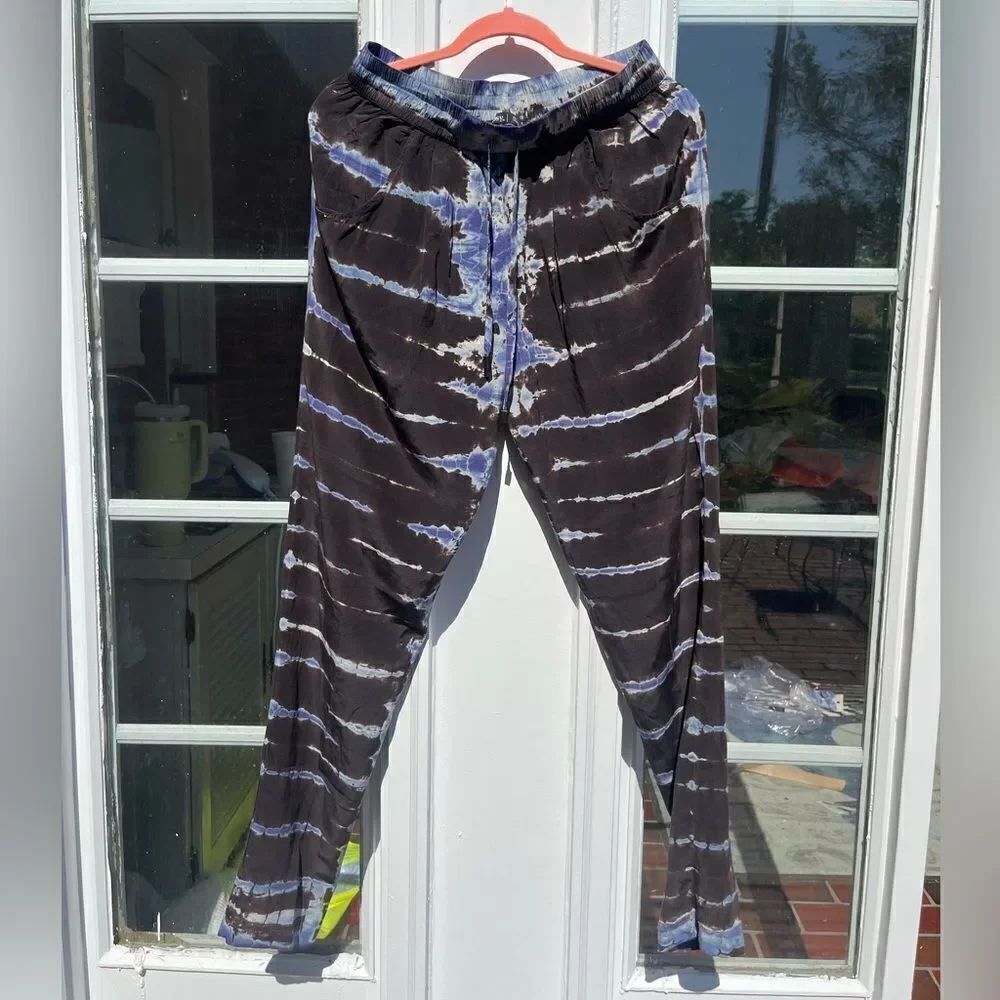 Gypsy 05 Blue Tie Dye 100% Silk Drawstring Waist Tapered Pants
